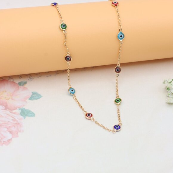 Rose Gold Evil Eye Necklace with Multicolor Enamel Beads, XPNL0390 - Picture 6 of 9